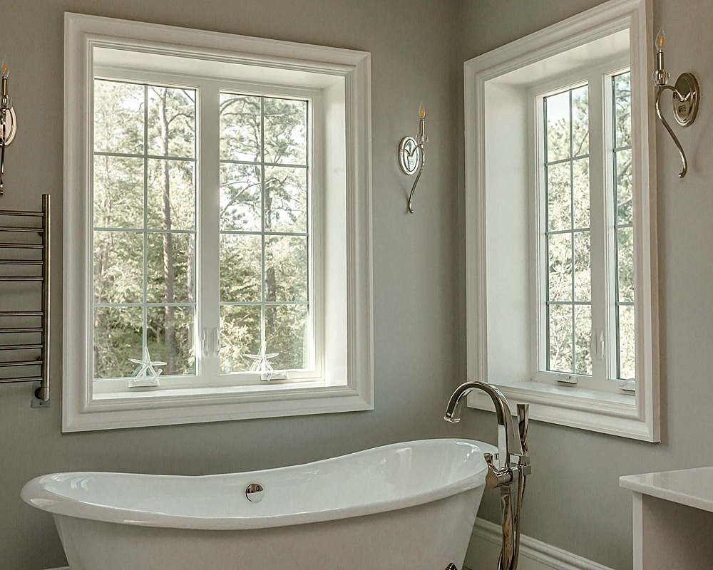 Luxury bathroom using Viwinco twin casement windows in white