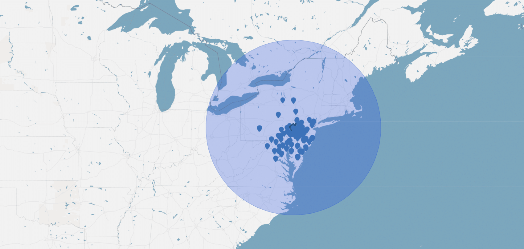 Viwinco distributors on map of east coast.