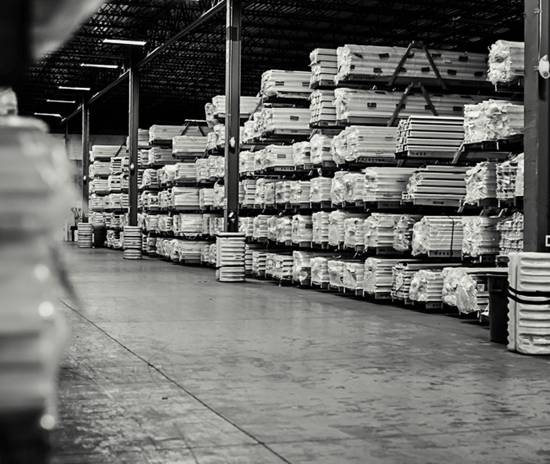 Black and white photo of Viwinco warehouse with supplies.